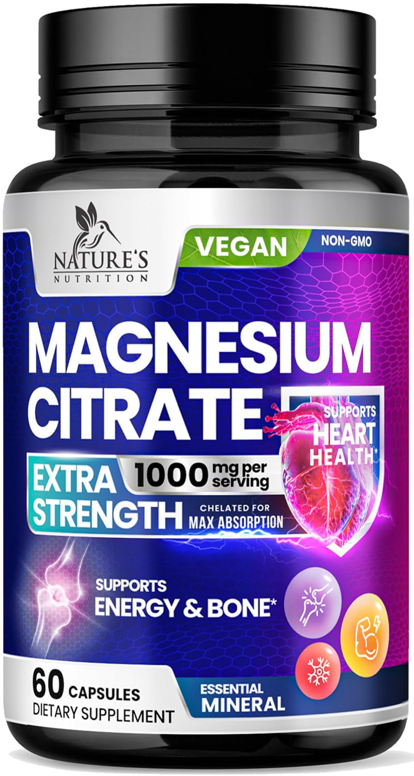 Nature's Magnesium Citrate 1000mg Extra Strength, NonGMO, 60