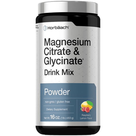Magnesium Citrate & Glycinate | 325 mg | 16 oz | Raspberry Lemon Flavored Drink Mix | by Horbaach