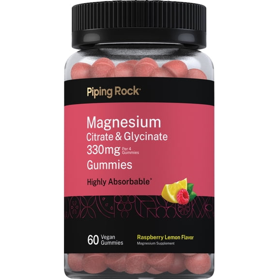 Magnesium Citrate & Glycinate | 60 Gummies | Raspberry Lemon Flavor | 330mg | by Piping Rock
