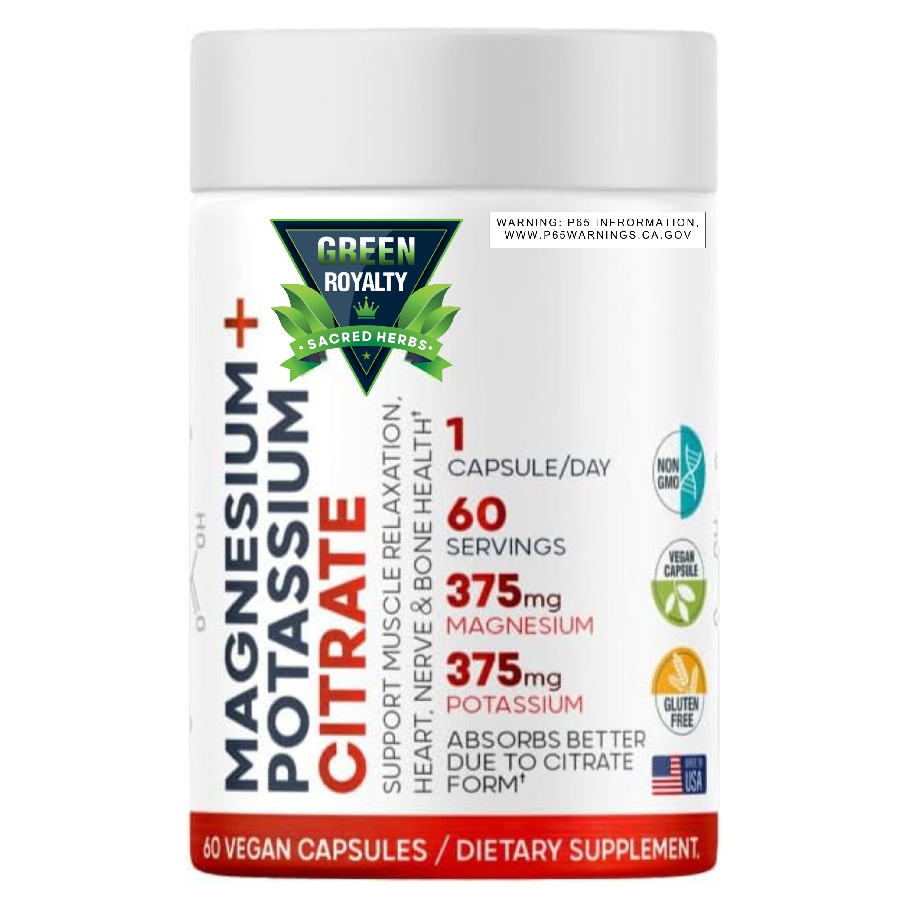 GREEN ROYALTY-Magnesium Citrate + Potassium 60 Premium Vegan Capsules(Citrate 375 mg) + (375mg Potassium) Non GMO, Gluten Free - High Absorption Supplement Made in USA