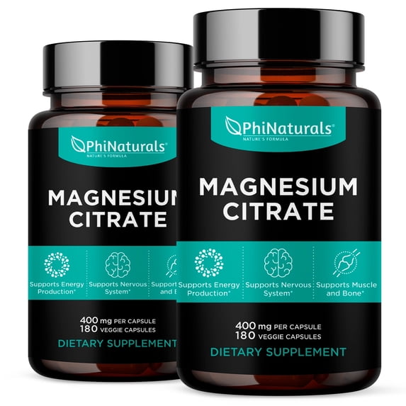 Magnesium Citrate Powder Capsules 400mg (Pack of 2) by Phi Naturals - Magnesium Supplement