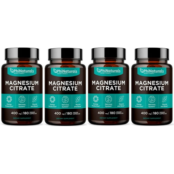 Magnesium Citrate Powder Capsules 400mg Supplement (Pack of 4) by Phi Naturals