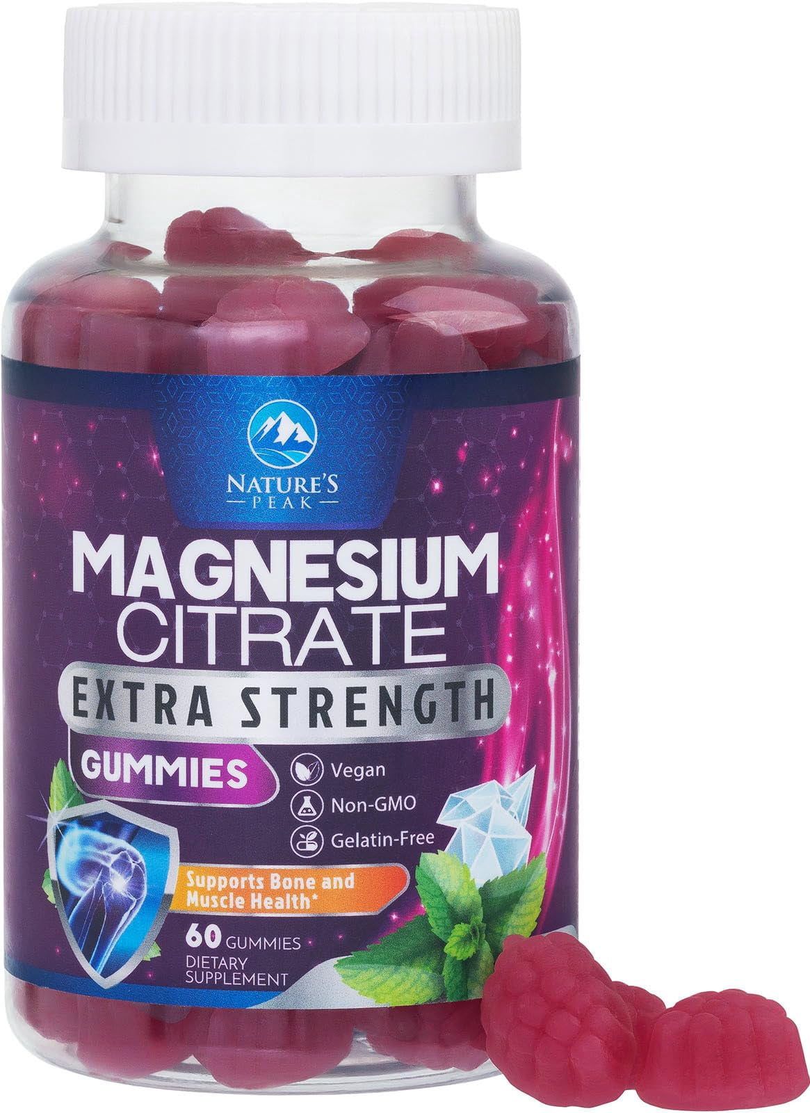 Magnesium Citrate Gummies - High Absorption Magnesium Citrate Gummy Supplement - Natural Bone, Nerve, Muscle, Calm, & Relaxation Support for Adults - Raspberry Flavor, Gluten Free, Vegan - 60 Gummies
