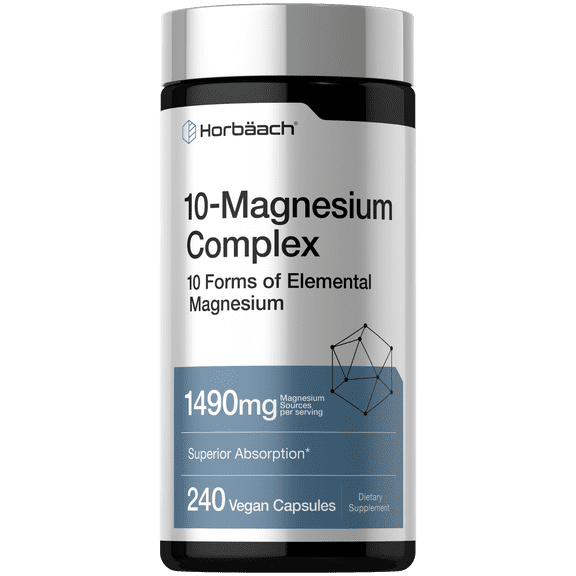 Magnesium Complex | 1490mg | 240 Capsules | 10 Forms | Vegan, Non-GMO, Gluten Free | by Horbaach