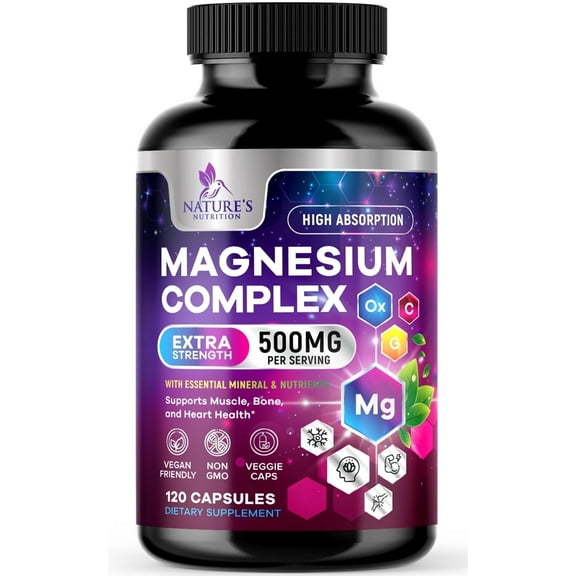 Magnesium Complex Supplement 500 mg - 5 in 1 High Absorption Blend, 100% Chelated Magnesium Glycinate & Malate Plus Citrate, Oxide, Aquamin - Non-GMO, Vegan Formula, Mag Complex Capsules - 120 Count