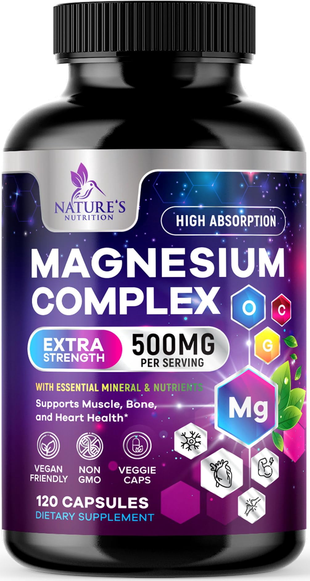 Magnesium Complex Supplement - Magnesium 500 mg Per Serving - 4 in 1 High Absorption Blend - 100% Chelated Magnesium Glycinate with Malate, Citrate & Oxide - Vegan Complex - USA Bottled, 120 Capsules