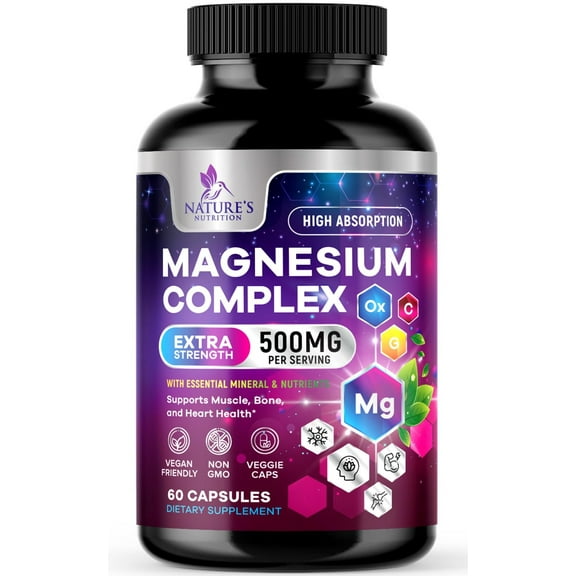 Magnesium Complex Supplement 500 mg - 5 in 1 High Absorption Chelated Magnesium Glycinate, Malate, Citrate, Oxide, Aquamin - Non-GMO Magnesio Capsules, Bone Muscle & Heart Health Support, 60 Capsules