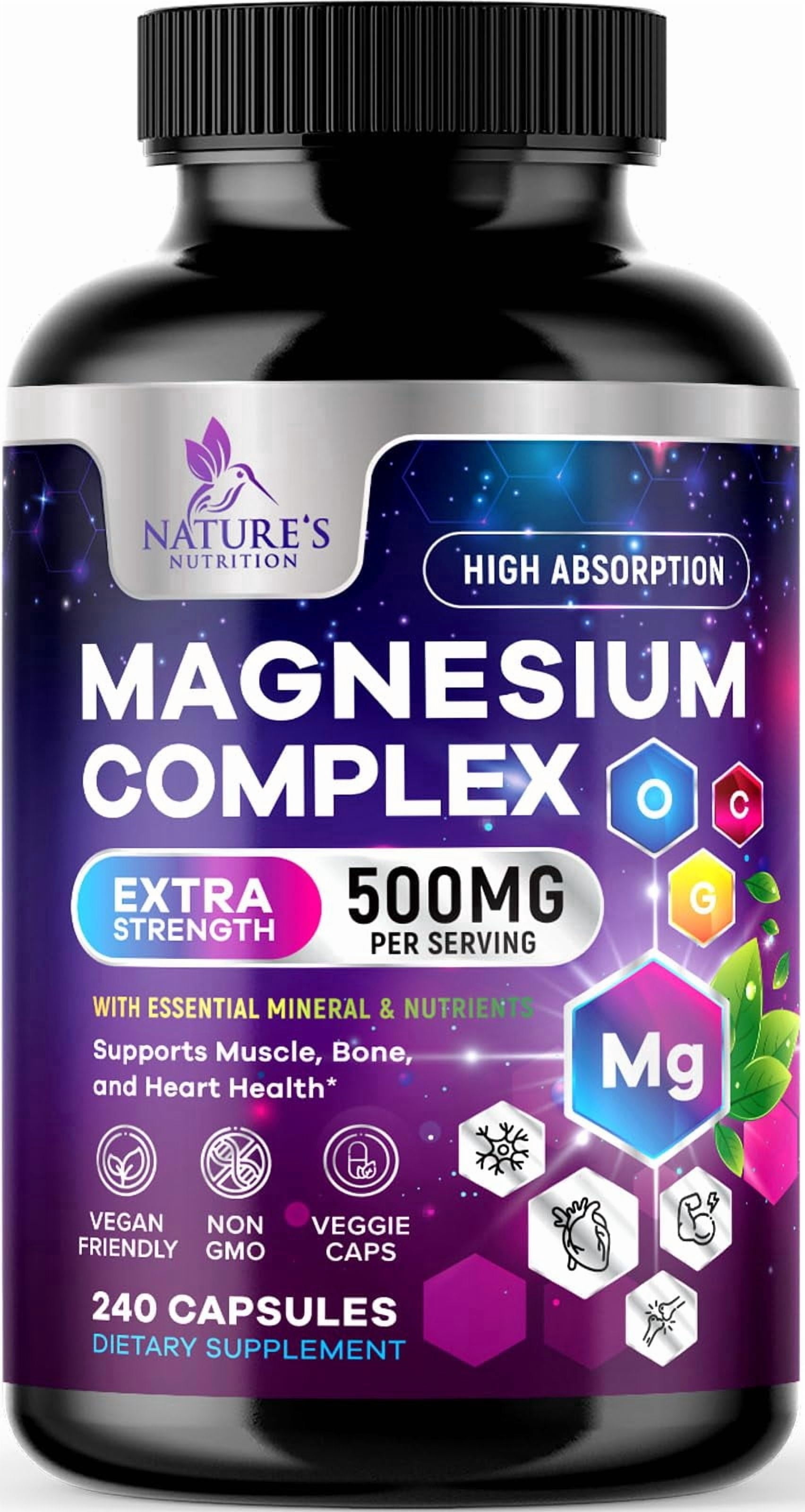 Magnesium Complex Supplement - Magnesium 500 mg Per Serving - 4 in 1 High Absorption Blend - 100% Chelated Magnesium Glycinate with Malate, Citrate & Oxide - Ve