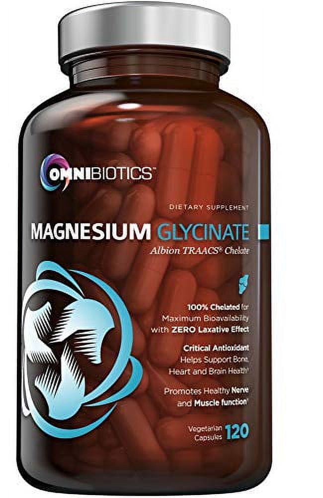 OmniBiotics Magnesium Glycinate Supplement – with 100% Pure Albion TRAACS Bisglycinate Chelate for Sleep, Muscle, Nerve & Heart Health – 120 Vegan Capsules