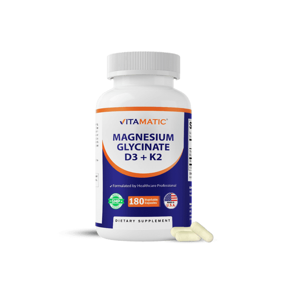 Magnesium Glycinate 200 mg (Elemental) with Vitamin D3 5000 IU & K2 200 mcg – High Absorption Bone, Muscle & Heart Support – 180 Veg Capsules – Non-GMO – Made in USA
