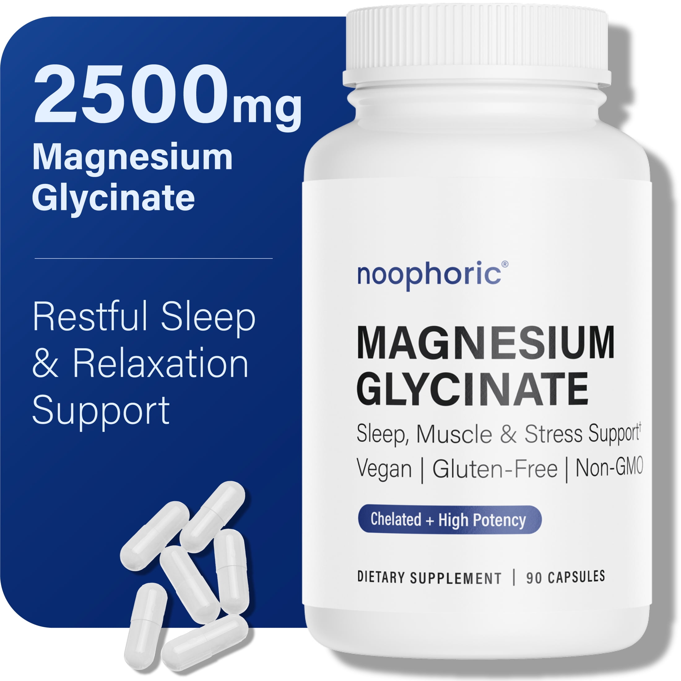 Noophoric 2500mg Magnesium Glycinate Chelated - Sleep Aid, Anxiety & Stress Relief Supplement, 90 Capsules