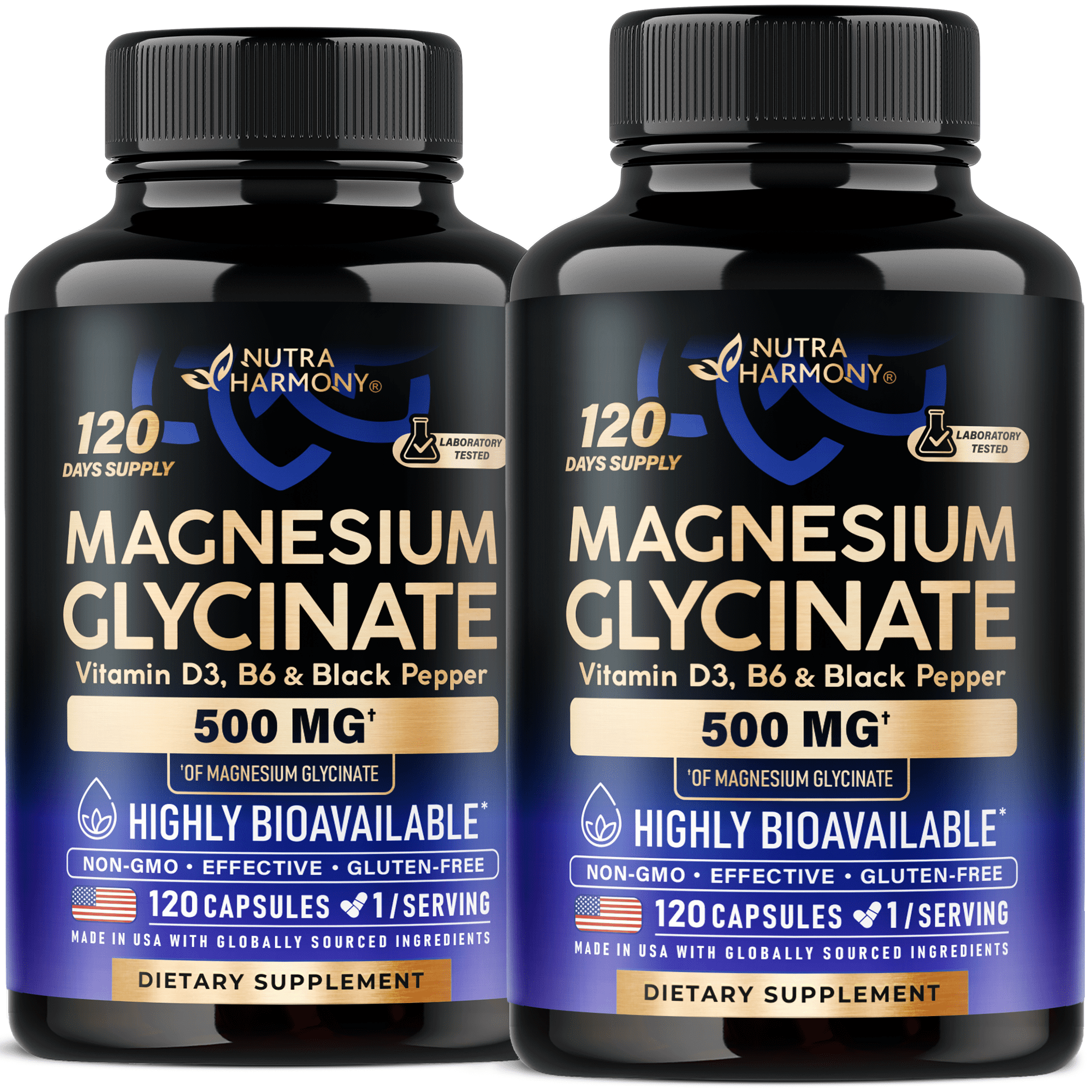 Magnesium Glycinate 500 mg - Chelated Supplement - 98% High Absorption - Support for Sleep, Muscle & Heart Health - Made in USA, Lab Tested & Non-GMO - 120 Capsules Pack of 2