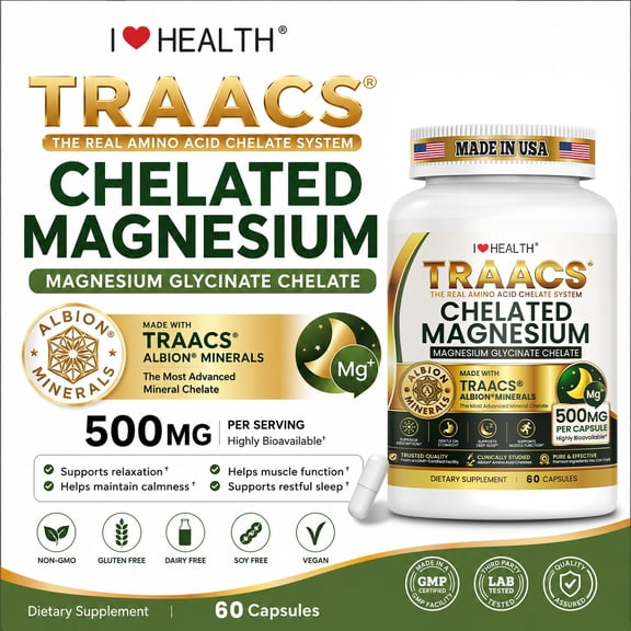 Magnesium Glycinate 500 mg - High Potency Elemental Magnesium Supplement for Heart, Muscle, & Digestion Support - 60 Capsules