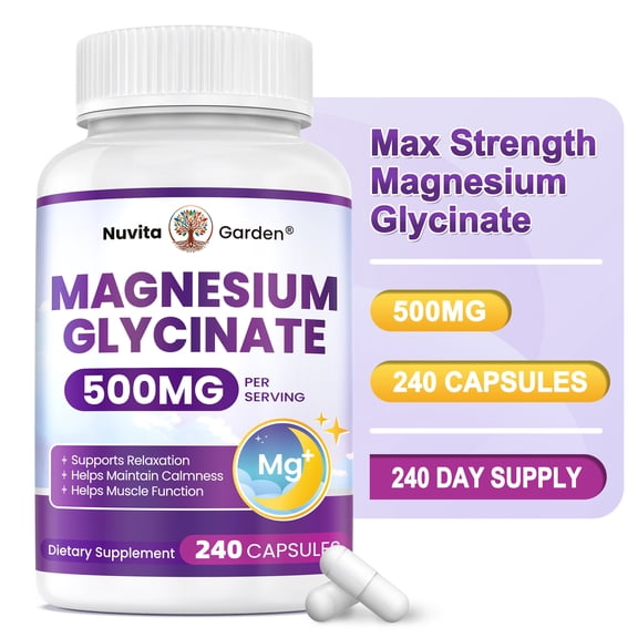 500mg Magnesium Glycinate Maximum Strength Chelated Magnesium Supplement for Women and Men for Muscle Cramps and Sleep Support - 240 Capsules