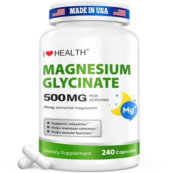 Magnesium Glycinate 500mg per Capsule - Maximum Strength Magnesium Supplement for Women and Men for Muscle Cramps and Sleep Support - 240 Capsule