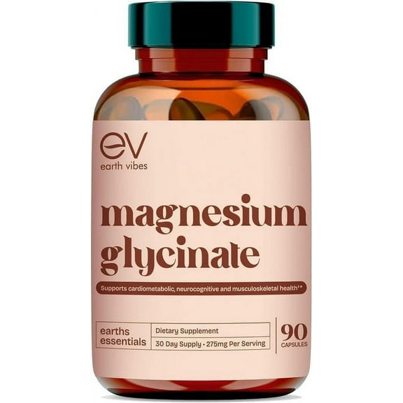 Earth Vibes Magnesium Glycinate, High Absorption Muscle and Sleep Support Supplement, 90 Caps, 2-Pack