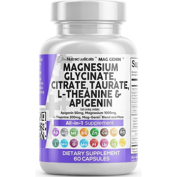 Clean Nutraceuticals Magnesium Glycinate Complex 1000mg with L-Theanine 200mg Apigenin 50mg Citrate Taurate Supplement - 5-HTP GABA Passion Flower Lemon Balm L-Glycine Phosphatidylserine - 60 Count