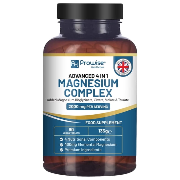 Magnesium Glycinate Complex 4 in 1- 1866mg per Serving | Precise 400mg Elemental Magnesium dose | Added Magnesium Bisglycinate, Citrate, Malate & Taurate | 90 Vegan Tablets - by Prowise