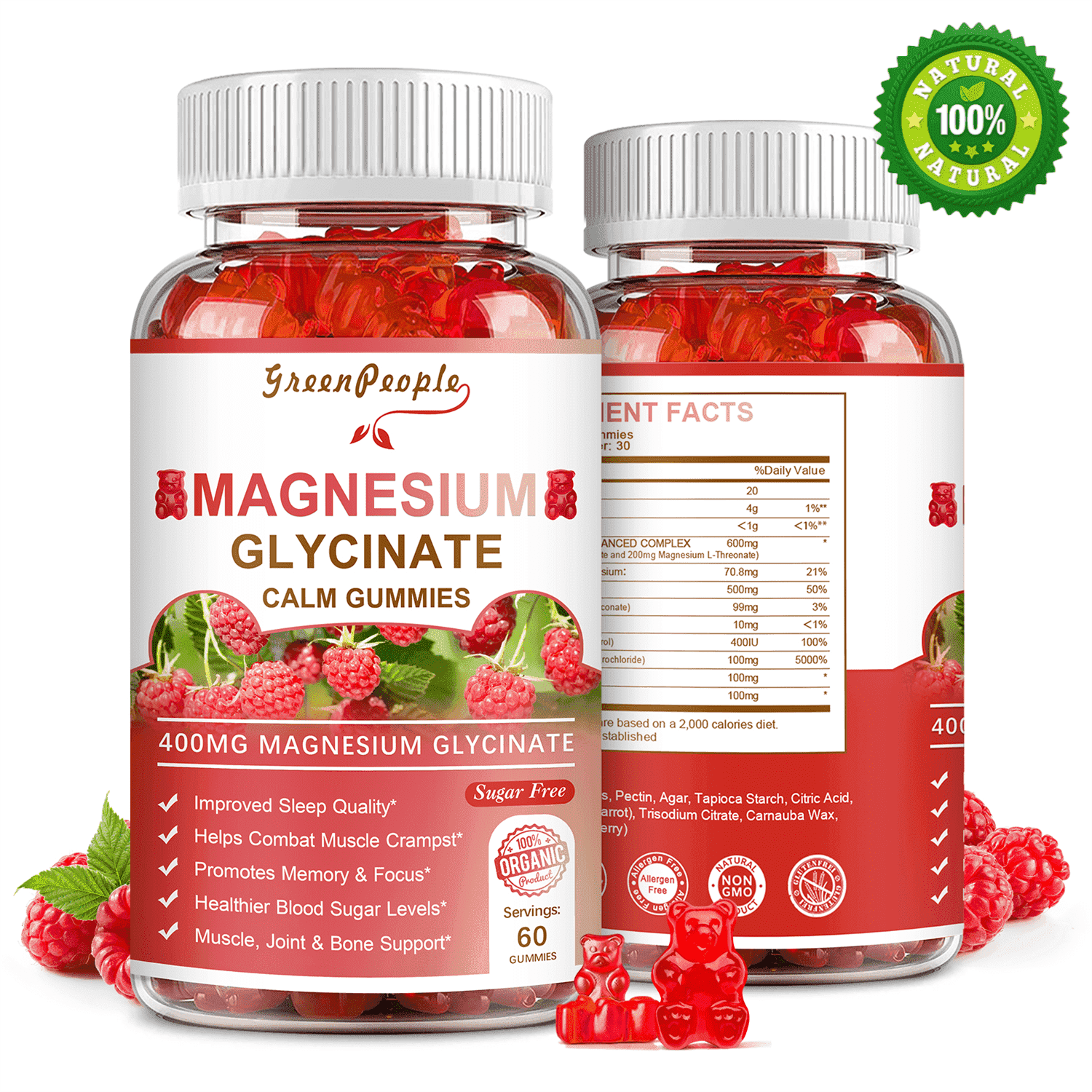 Magnesium Glycinate Gummies - Sugar Free Magnesium Potassium Supplement - for Calm Support & Sleep for Adults- 60 Raspberry Gummies