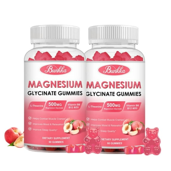 Magnesium Glycinate Gummies, 500mg Magnesium Supplement Complex with Potassium, VitaminD, B6 for Calm, Sleep&Stress Relief, Sugar Free, 120 Peach Magnesium Gummies,2 PACK