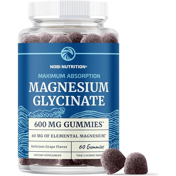 Magnesium Glycinate Gummies 600MG | Sleep, Calm & Relaxation Support | 60MG Elemental Mag Per Serving | Grape Flavor, Gluten-Free | High Absorption Magnesium Gummies for Women, Men & Family | 60 Ct