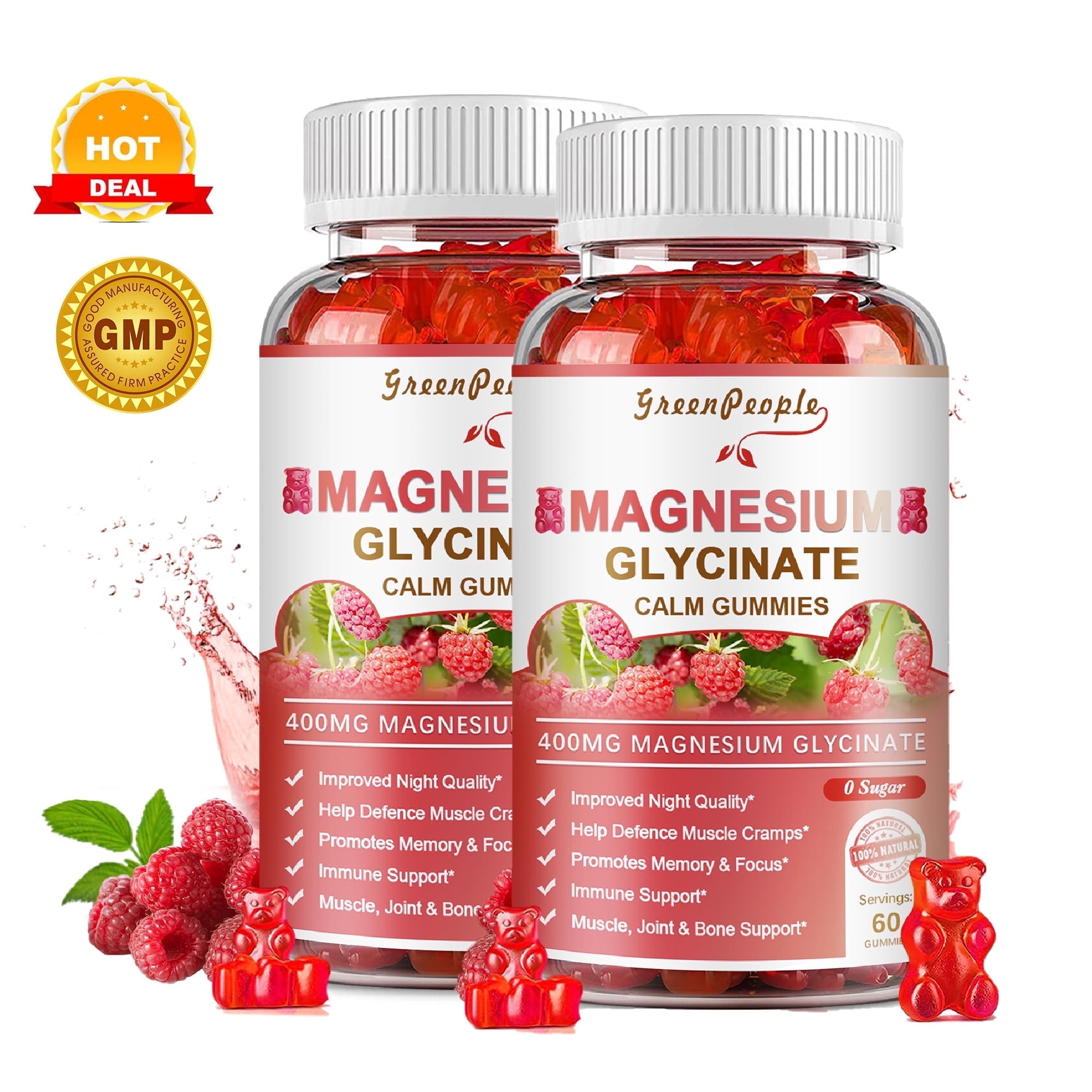 Magnesium Glycinate Gummies 600mg - Sugar Free Magnesium Potassium Supplement - for Calm Support & Sleep for Adults- 60 Raspberry Gummies(2 Pack)