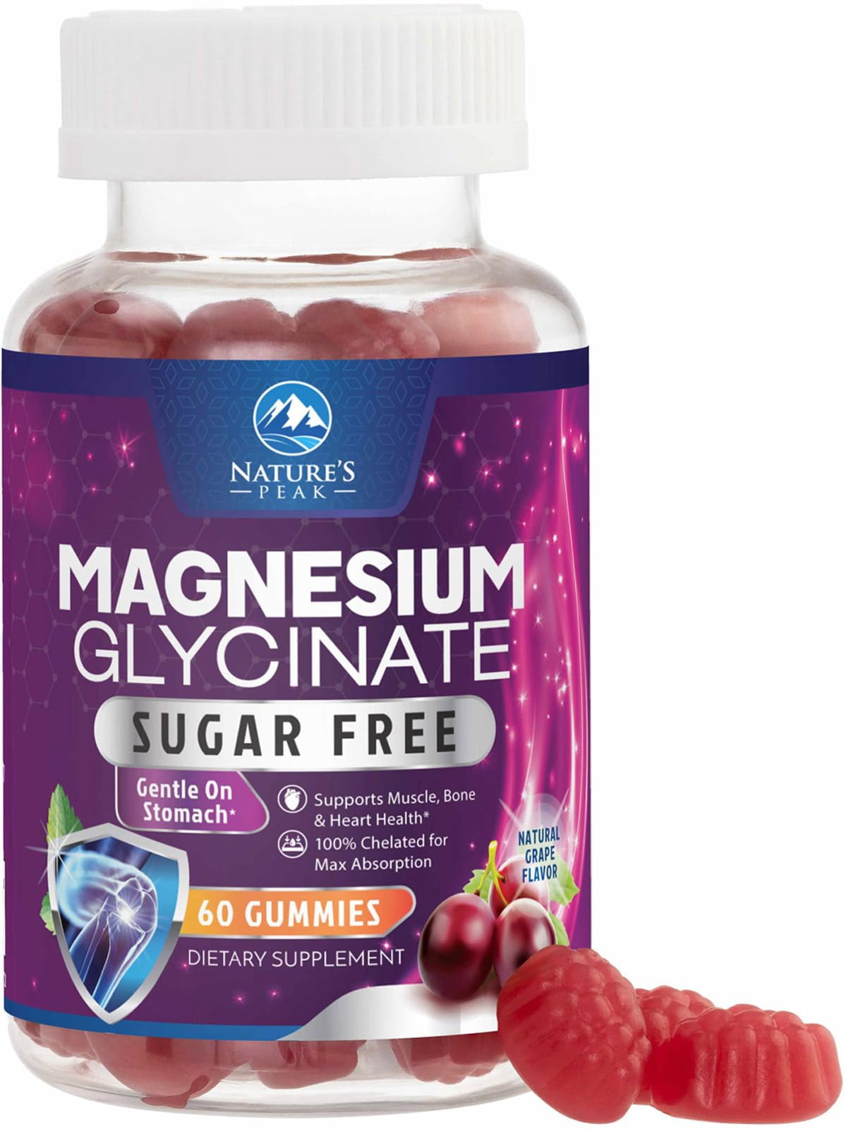 Magnesium Glycinate Gummies - Sugar Free - 100% Chelated Magnesium Gummy Supplement for Max Absorption - for Sleep Support & Heart, Muscle & Bone Health - Gentle on Stomach, Grape Flavor - 60 Gummies