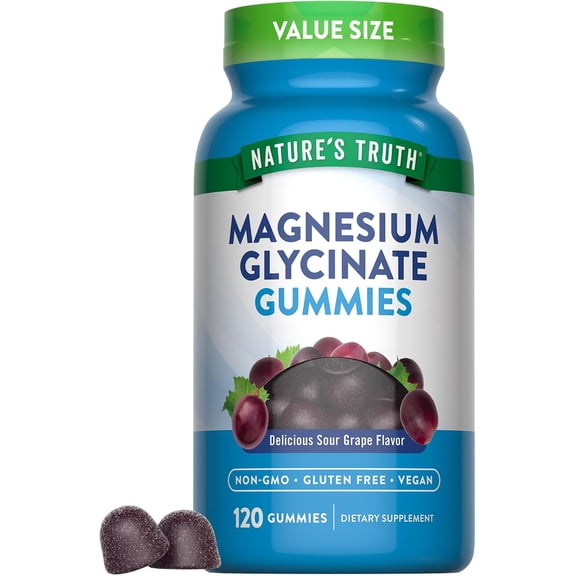 Magnesium Glycinate Gummies for Adults | 200mg | 120 Count | Grape Flavor | by Nature's Truth