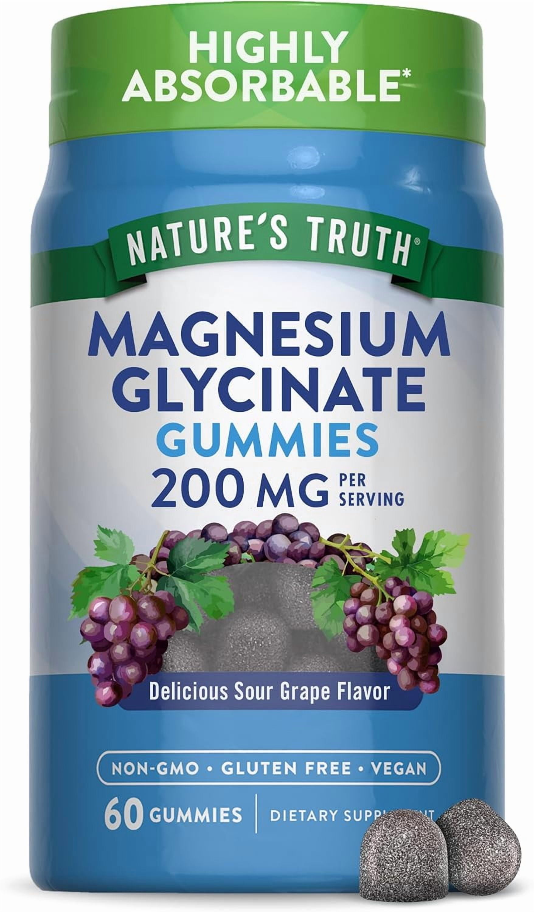 Magnesium Glycinate Gummies for Adults | 200mg | 60 Count | Grape Flavor | by Natures Truth