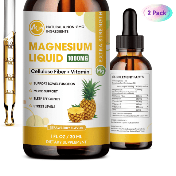 Magnesium Glycinate Liquid, 1000mg Magnesium Liquid Supplement with Vitamin B6, C, D, Zinc, Fiber, Magnesium Liquid Drops for Women and Men, Pineapple Flavor (2 Pack)