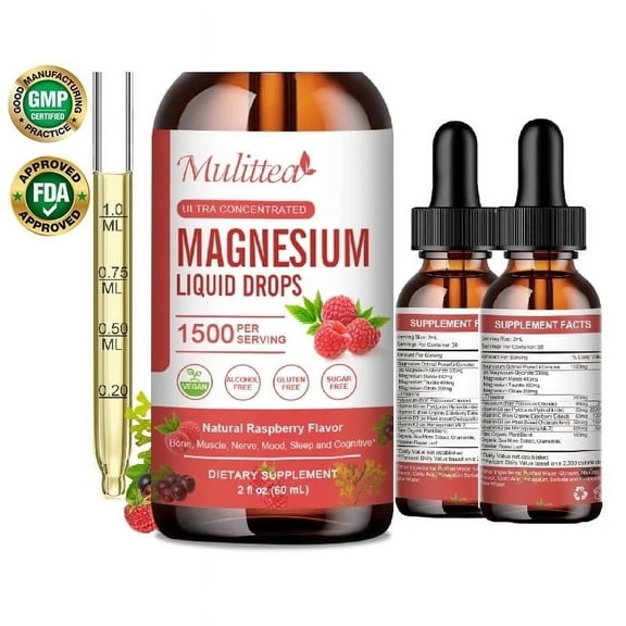 Magnesium Glycinate Liquid Drop - with Citrate, Malate and Taurate, L-Theanine, D3, K2,B6 - for Sleep, Bone,Muscles, Energy, Sugar-Free Raspberry Flavor - 4 Fl Oz