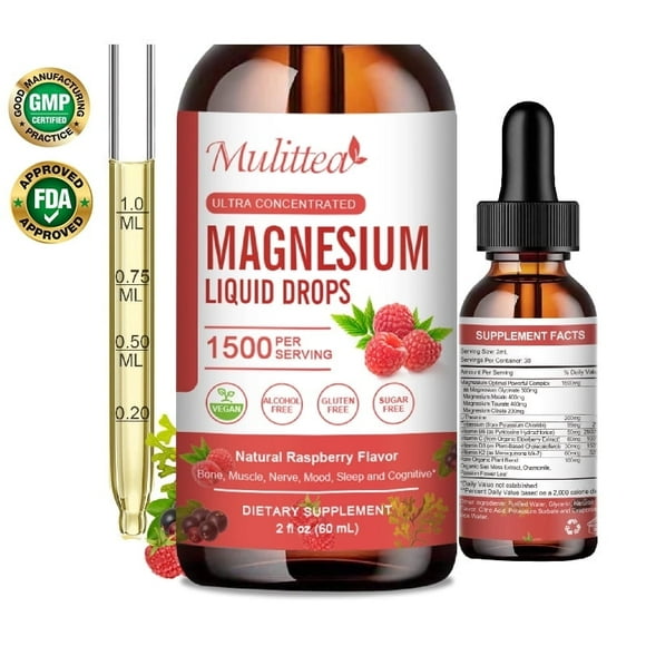 Magnesium Glycinate Liquid Drop - with Citrate, Malate and Taurate, L-Theanine, D3, K2,B6 - for Sleep, Bone,Muscles, Energy, Sugar-Free RaspberryFlavor, 2 Fl Oz