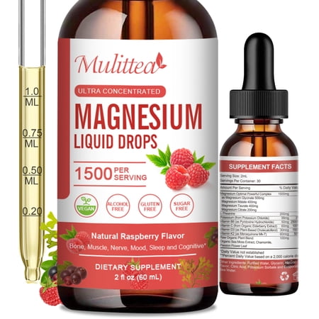Magnesium Glycinate Liquid Drop - with Citrate, Malate and Taurate, D3, K2,B6 - for Sleep, Bone,Muscles, Energy, Raspberry Flavor, 2 Fl oz