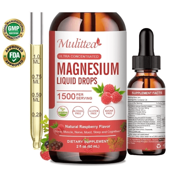 Magnesium Glycinate Liquid Drop - with Citrate, Malate and Taurate, D3, K2,B6 - for Sleep, Bone,Muscles, Energy, Raspberry Flavor, 2 Fl oz