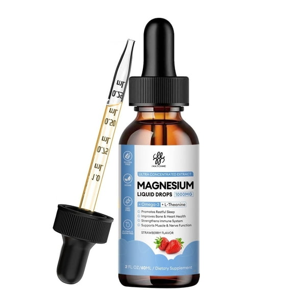 Magnesium Glycinate Liquid Drop with Citrate - for Calm, Sleep, Leg Cramps, Muscles, Energy, Sugar-Free Strawberry Flavor, 2 Fl Oz