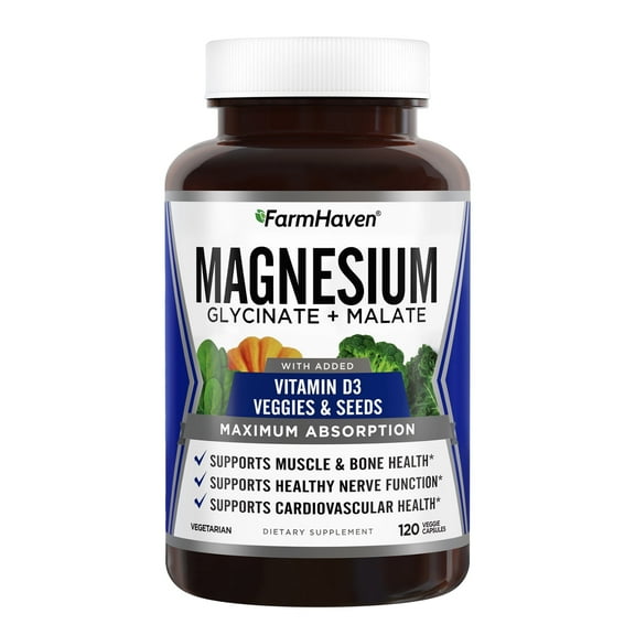 Magnesium Glycinate & Malate Complex w/Vitamin D3, 100% Chelated for Max Absorption, Vegetarian - Bone Health, Nerves, Muscles, 120 Capsules, 60 Days