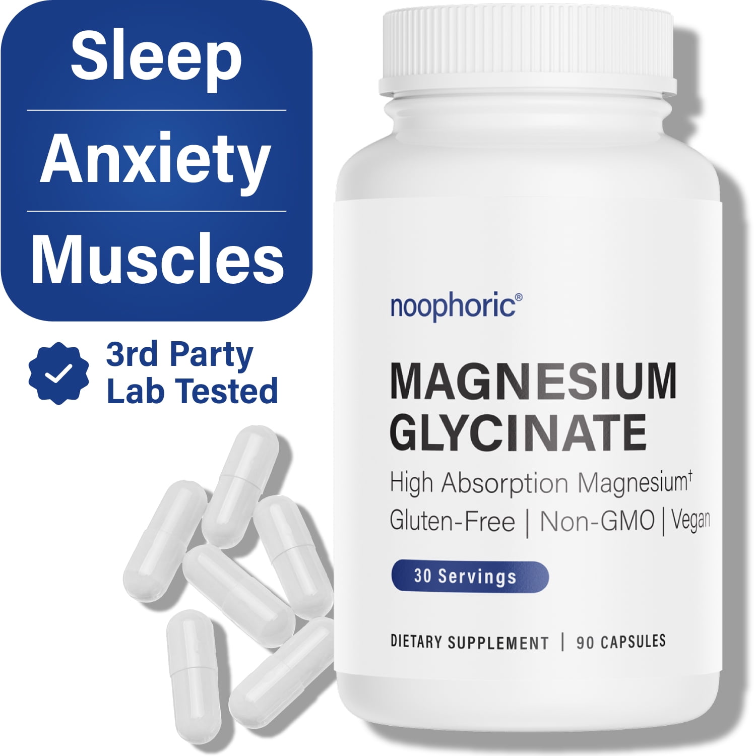 Magnesium Glycinate Sleep Aid, Anxiety and Stress Relief Supplement Noophoric, 90 Capsules