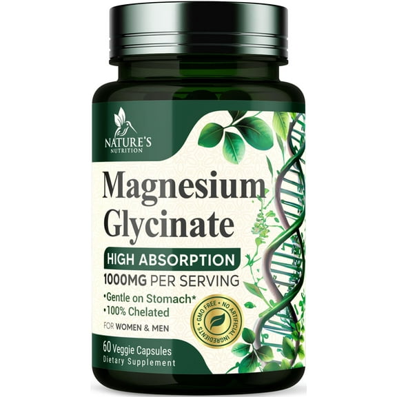 Magnesium Glycinate 1000mg - Chelated Magnesium for Bone, Muscle, Nerves & Heart Support, 500mg Per Capsule for Ultra Absorption, Natures Sleep Support, Best Mag Supplement Pills - 60 Capsules