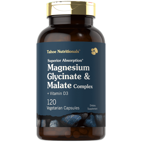 Magnesium Glycinate and Malate Complex | with Vitamin D3 | 120 Capsules | by Tahoe Nutritionals