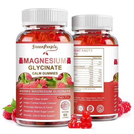 GREENPEOPLE Magnesium Glycinate 400mg Gummies with Calcium, Potassium & Vitamin D3, Muscle & Relaxation Support, 60 Count