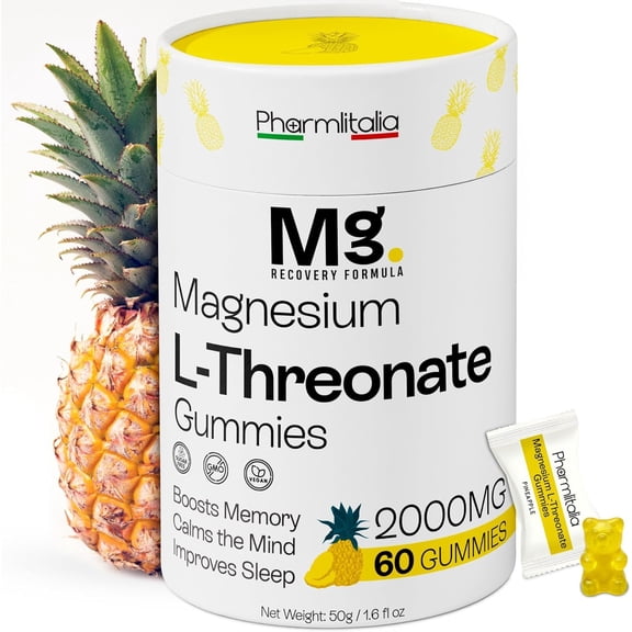 Magnesium L-Threonate Gummies for Adults & Kids 2000mg Brain Supplements for Memory and Focus - Calm Magnesium Gummies for Improved Sleep and Healthy Mind - 60 Count (Pack of 1)