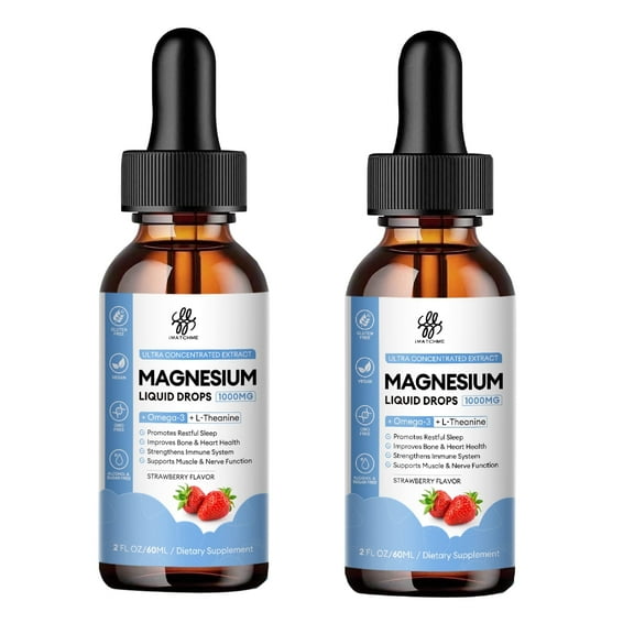 Magnesium Liquid Drops 1000mg| Omega-3+ L-Theanine Magnesium Supplement Strawberry Flavor| 4 Fl Oz (2 PACK)