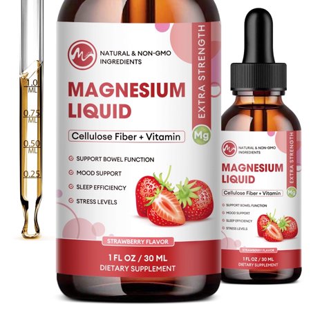 Minch Magnesium Liquid Supplement with Cellulose Fiber, Bromelain, Vitamin B6, C, D, Zinc, 1000mg Magnesium Glycinate Liquid Drops for Men Women, Support Immune & Bone Health,Strawberry Flavor,1 floz