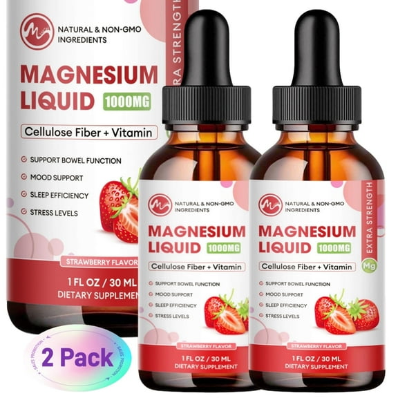 Magnesium Liquid Supplement with Cellulose Fiber, Bromelain, Vitamin B6, C, D, Zinc, 1000mg Magnesium Glycinate Liquid Drops for Men Women, Support Immune & Bone Health,Strawberry Flavor,2 Fl Oz