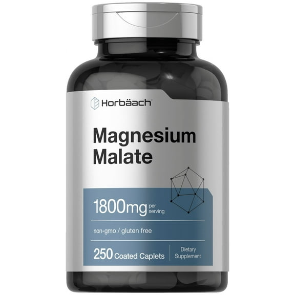 Magnesium Malate 1800mg | 250 Coated Caplets | Vegetarian, Non-GMO, Gluten Free Supplement | by Horbaach