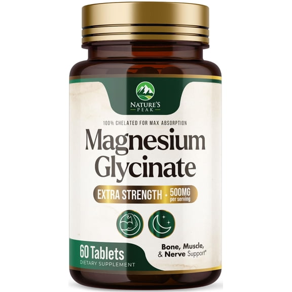 Magnesium Glycinate 500mg Per Serving - Chelated Magnesium Supplement for High Absorption Supplement - Muscle, Bone & Heart Health Support - Easy on Stomach Non-GMO Vegan, USA Bottled - 60 Tablets