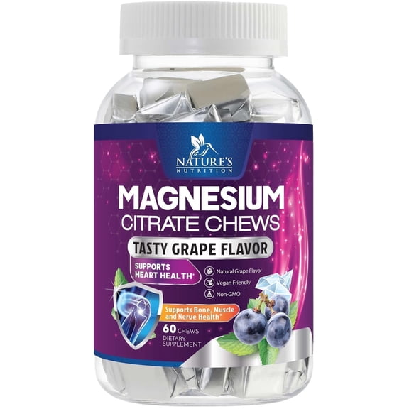 Magnesium Citrate Chews Supplement, Improved Vegan Formula - High Absorption Magnesium Gummies Supplement, Vegan Mag Citrate Soft Chews Gummy for Adults - Non-GMO, Delicious Grape-Flavor - 60 Gummies