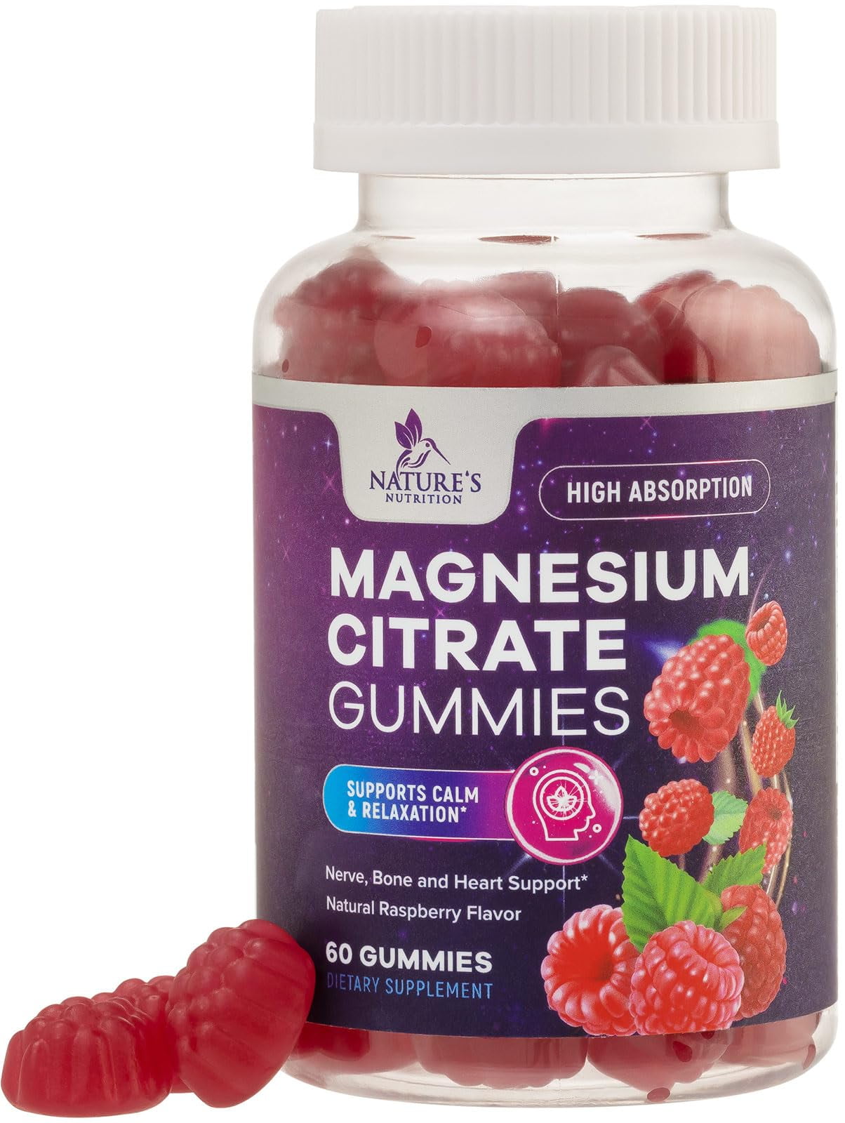 Magnesium Citrate Gummies for Adults & Kids - High Absorption Magnesium Supplements - Premium Calm, Relaxation, Muscle, Nerve, Bone & Heart Support - Great-Tasting Vegan Gummy Supplement - 60 Gummies
