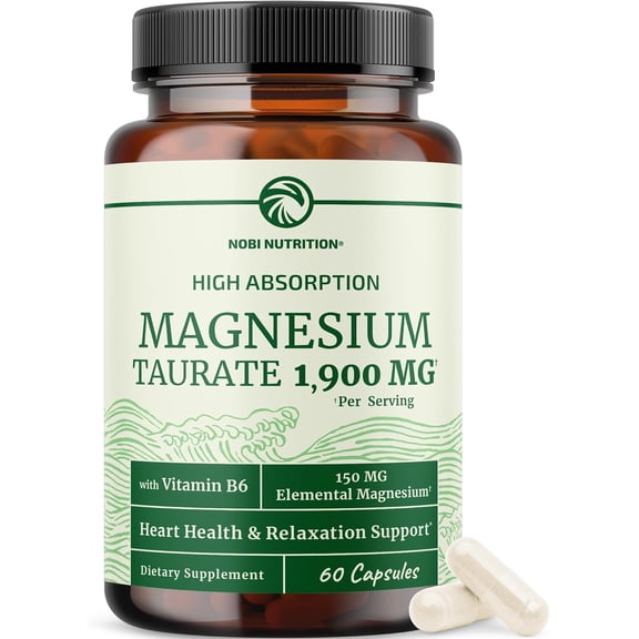Magnesium Taurate 1900MG | Heart Health and Relaxation Support | 150MG Elemental Magnesium Per Serving | High Absorption Mag Taurate with Vitamin B6 + Black Pepper | Non-GMO | 60 Ct (1 Month Supply)