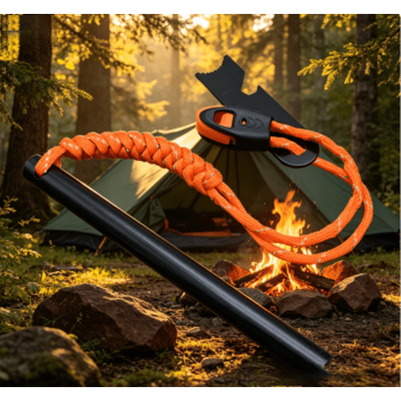 A Magnesium-iron Fire Starter with a Hole, Featuring a Paracord Handle, A Friction Surface, and a Whistle—perfect for Emergency Survival Kits, Hiking, and Camping. (Orange)